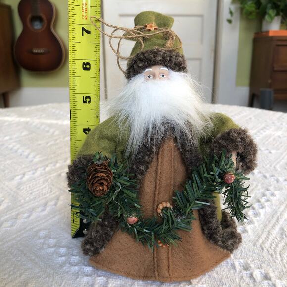 VTG Woodland Santa Tree Topper 7.5" Green Felt Rustic Christmas Décor Cottage - Picture 8 of 9